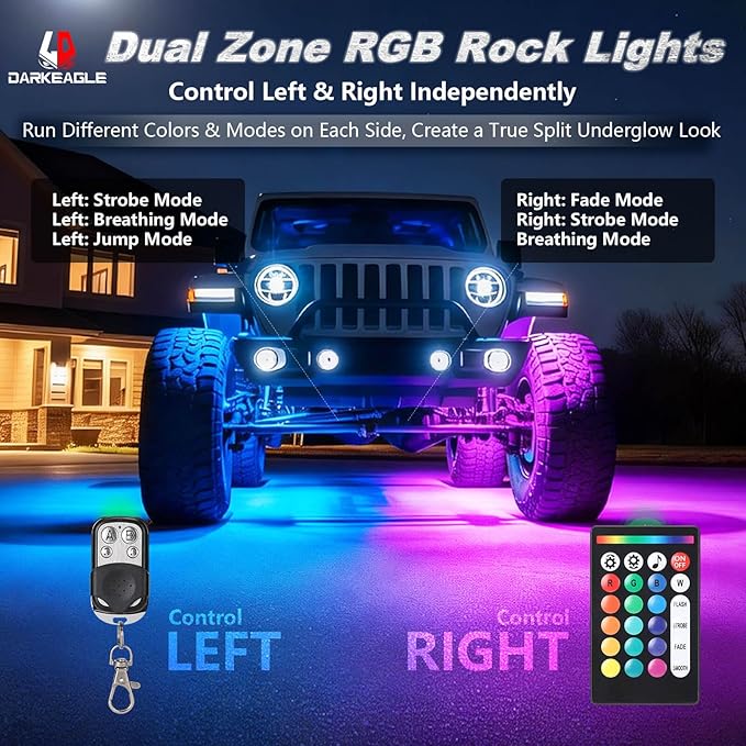8Pods Full Angle RGB LED Rock Lights Full Kit for Jeep Trucks ATV UTV SXS RZR SUV Golf Cart Offroad Pickup, 240Chip Waterproof Multicolor Underglow Light with APP/RF Remote, Neon Underbody Accent 12V