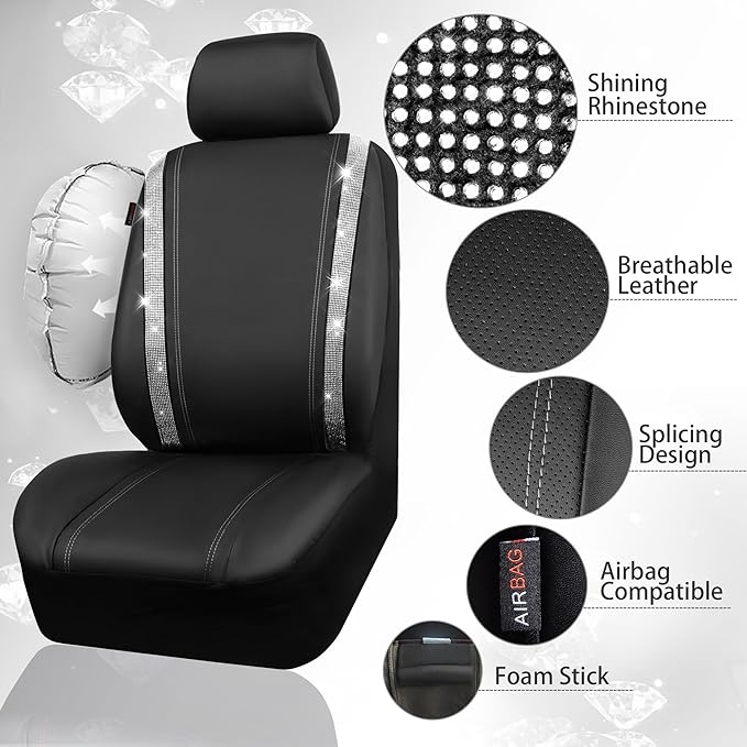 CAR PASS Bling Diamond Car Seat Covers Full Set, Shining Rhinestone Waterproof Faux Leather, Rear with Zipper, Universal Fit Automotive Glitter Crystal Sparkle Strips for Cute Women Girl, Silver