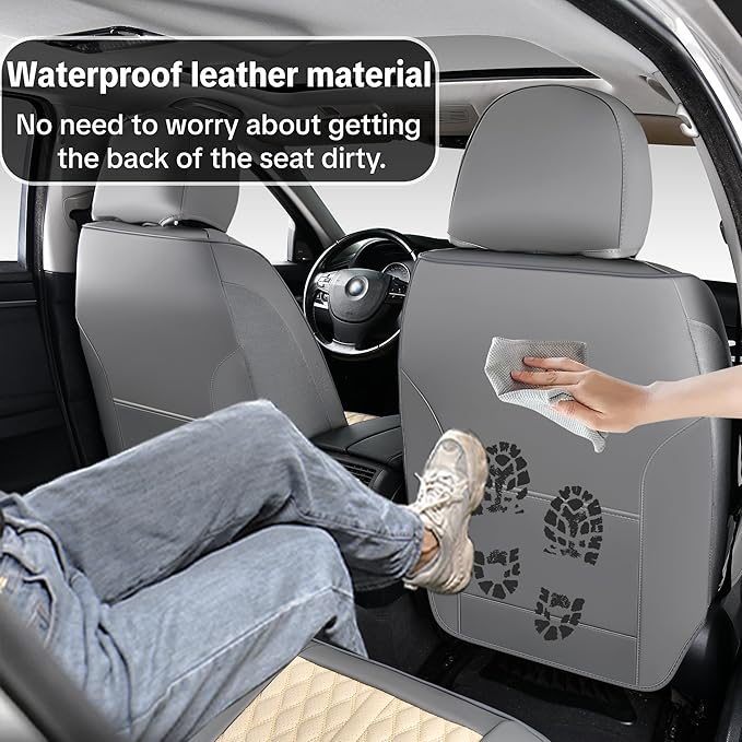 Khaki Car Seat Cover Complete Set, Universal Car Seat Cover for Car with Lumbar Support, Premium Artificial Leather, Waterproof and Easy to Clean, Airbag Compatible, Seat Heating Compatible