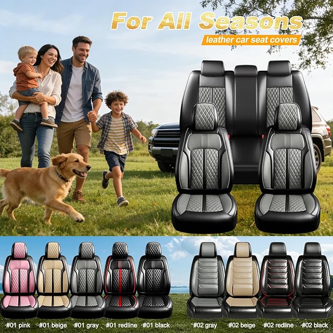 Fit Malibu Car Seat Covers for Chevrolet/Chevy Malibu 2009-2025, Full Coverage Leather, Airbag Compatible, Waterproof All Weather Breathable Seat Cushion Protector, Full Set, Black+Gray