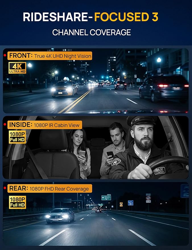 QCONTROL® Rideshare/Taxi True 4K 3-Channel Dash Cam Front and Rear Inside, 4K Front + 1080P IR Inside + 1080P Rear, 6G WiFi App, GPS Speed/Route Timestamp Overlay, 64GB Included
