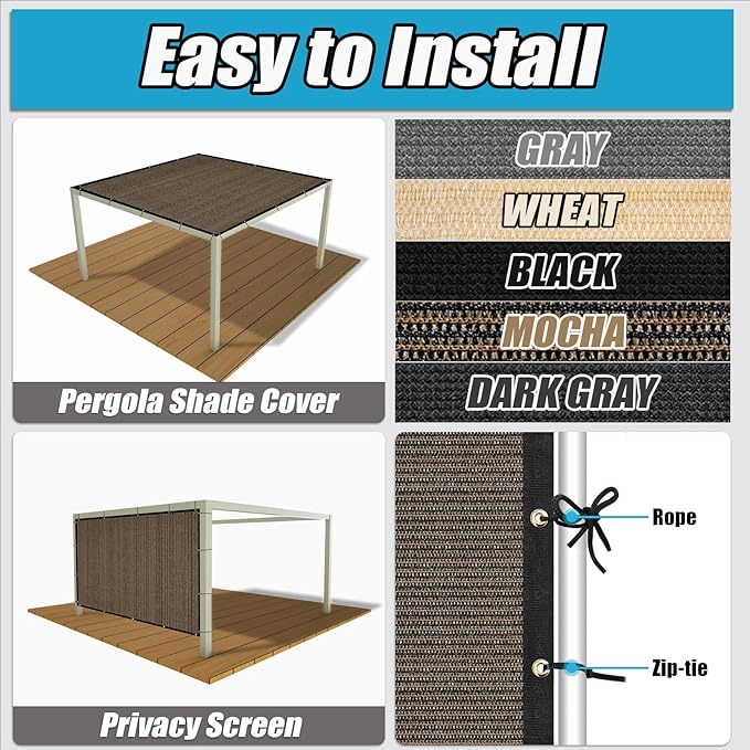 Amagenix 90% Shade Fabric 13'X 20' Mocha Sun Shade Cloth with Grommets for Pergola Replacement Shade Cover Canopy, Heavy Duty, Cable Zip Ties Included (We Customized)