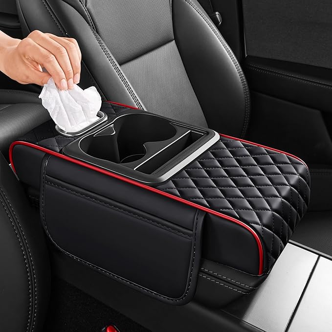 5 in 1 Car Center Console Cover, Armrest Pad with 2 Storage Pockets, Cup Holder, Tissue Box Slot, Phone Holder, Universal Car Interior Organizer (Black with Red Stitching)