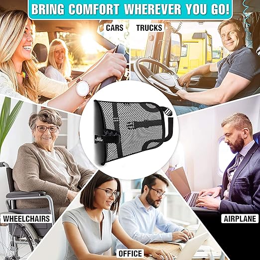 Lumbar Support - Breathable Mesh Office & Car Chair Back Support with Double Adjustable Straps for All-Day Comfort