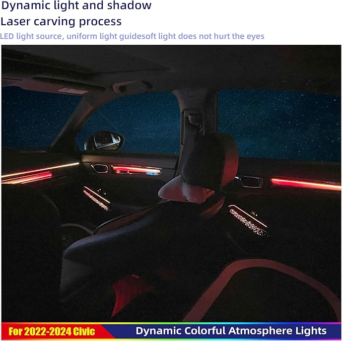 Ambient Lighting Kit for 11th gen Honda Civic，Interior Car Neon Lights for 2022 2023 2024 2025 Civic, Button and APP-Controlled RGB LED Strip Lights