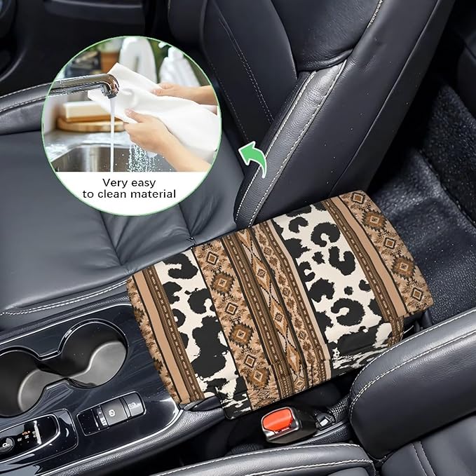 Tupalatus Aztec Car Armrest Cover Breathable Cow Print Armrest Cushion Cover Pad Waterproof for Car Center Console Replacement with Storage Bags Fit for Most Vehicle, SUV, Truck