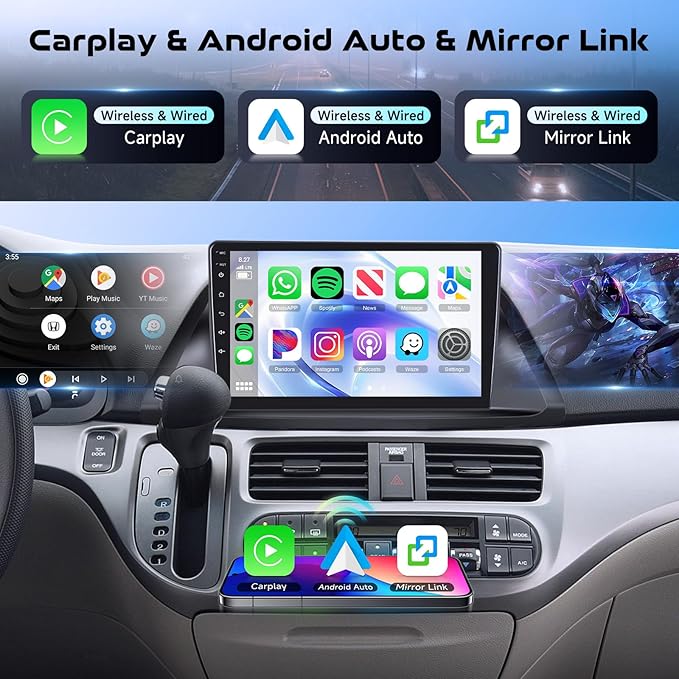 8-Core 4G+64G Qual-comm Snapdragon chip Car Radio for Honda Odyssey 2005-2010, Rimoody Car Stereo Carplay Android Auto 3D car Model Display GPS WiFi 9 Inch IPS Touchscreen Mirror Link Camera