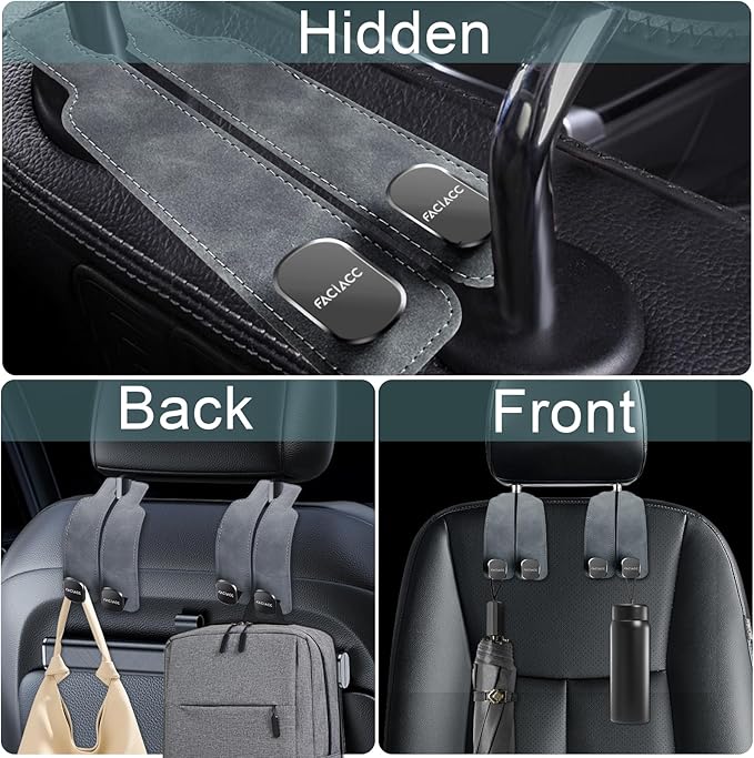 FACIACC 4 Pack Car Seat Headrest Hooks, Purse Hook for Headrest Universal Double Car Headrest Hooks Accessories Backseat Hanger Bag Holder Storage Hanger for Handbag Purse Coat Bags, Grey