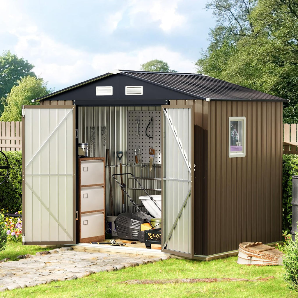8X6FT Outdoor Steel Storage Shed with Lockable Doors, One Big Window,Ideal for Garden, Backyard, Patio Storage,Brown