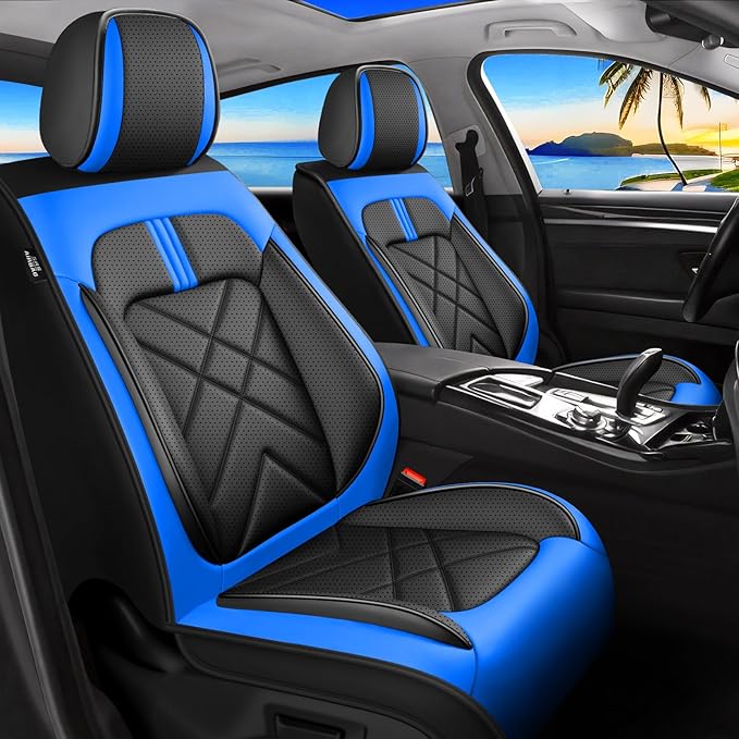 Car Seat Covers Fit for Mazda 3 2007-2026, Premium Leather, Full Coverage Leather Waterproof Breathable Seat Covers, Automotive Seat Protectors, Airbag Compatible(Full Set Seats, Black-Blue)