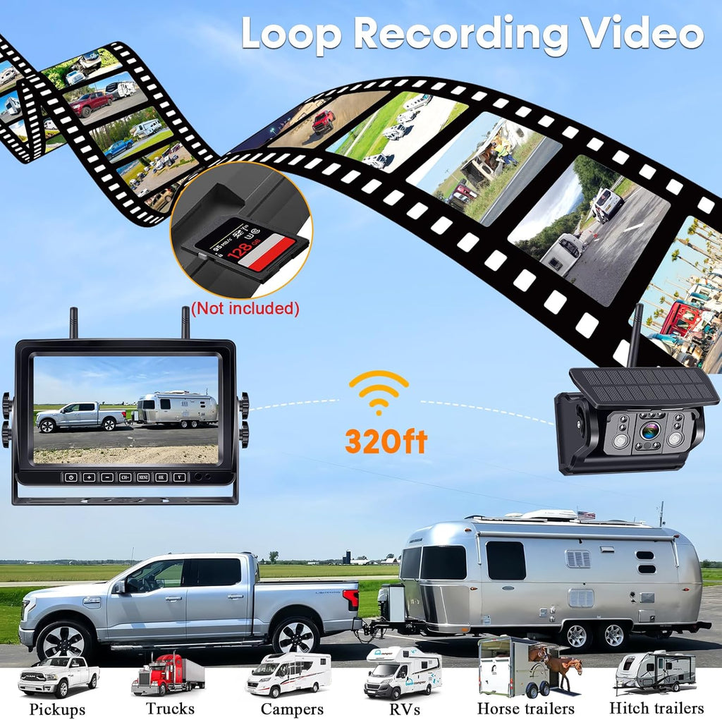 Wireless RV Backup Camera 7-inch for Trailer: Easy Setup Solar RV Rear View Camera with Recording - 4 Channels Strong Magnetic HD 1080P Long-Battery Life for Camper, Truck, Fifth Wheel