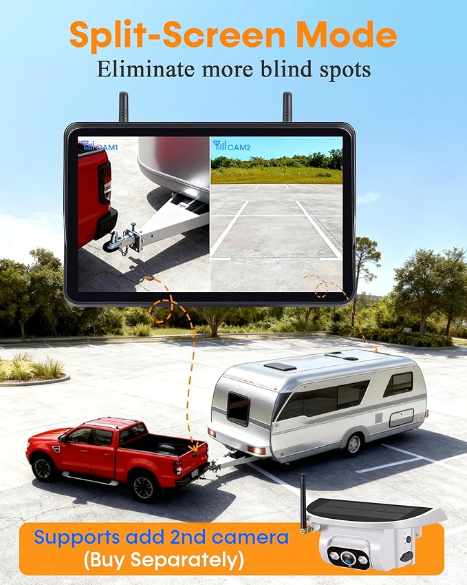 Pemacom Wireless Backup Camera for Towable-RV: Magnetic No Wiring Setup Long Distance Signal for Thor/Forest River Series RVs - 7.3" Recording Monitor HD 1080P Auto Sleep Solar RV Backup Camera