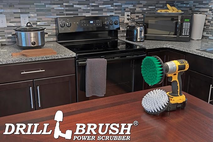 Household Cleaners - Drill Brush Soft White and Medium Green Combo Kit - Cleaning Supplies - Glass Cleaner - Scrub Brush - Leather, Shower Doors, Carpet, Fabric and Vinyl Seats - Kitchen Sink