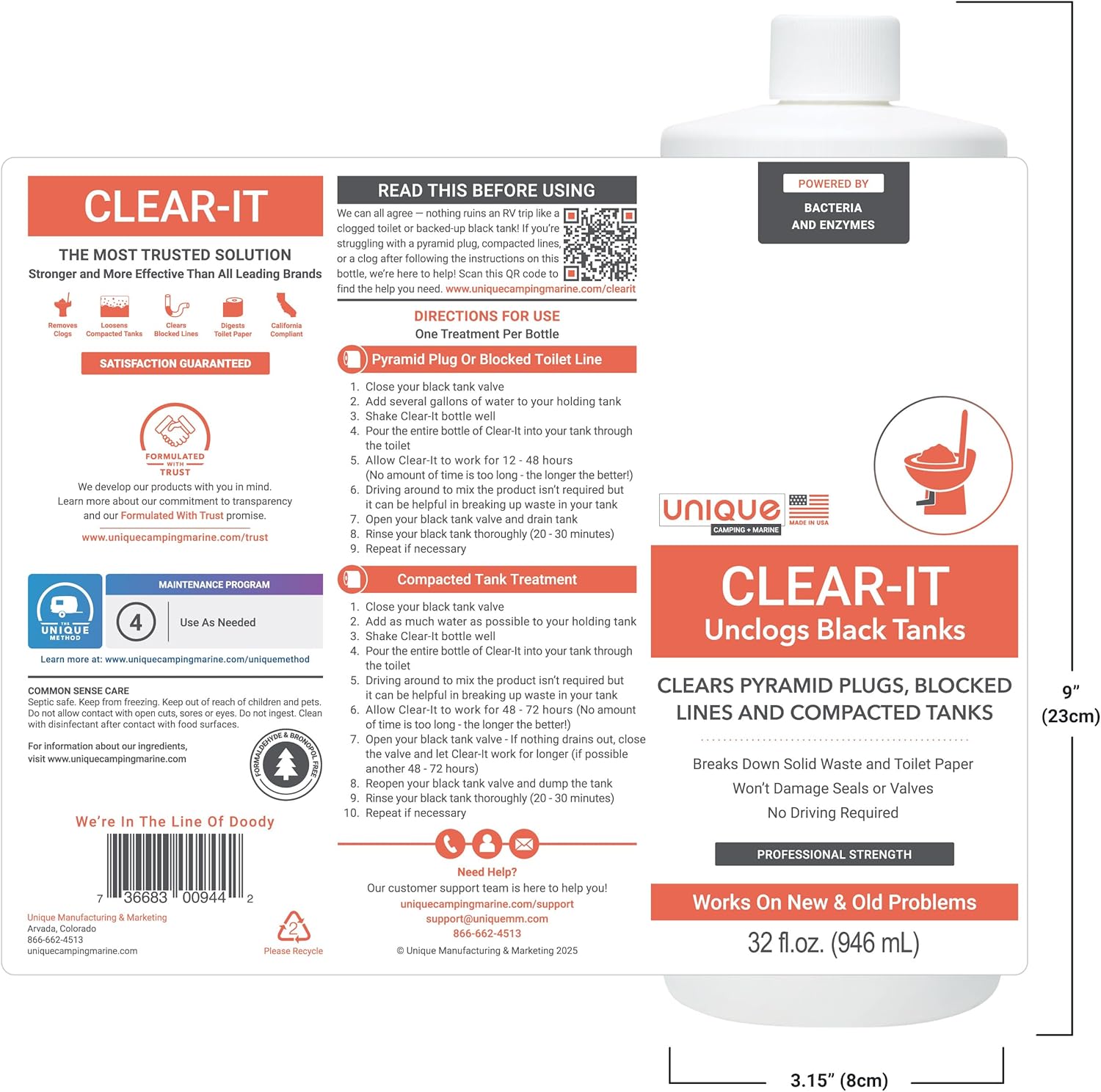Unique Clear-It RV Black Tank Unclogger Liquid - Breaks Through Pyramid Plugs, Compacted Tanks, and Clogged Pipes (32 oz)