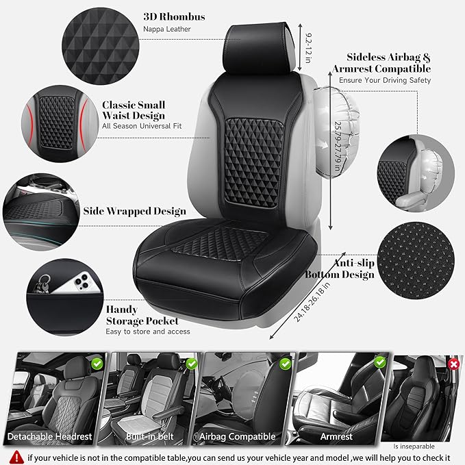 CAR PASS 2Pack Front Car Seat Covers Leather Memory Foam Water Proof Seat Protector Universal Fit for Cars SUVs Trucks Most Vehicles, 3D Foam Rhombus Sideless, Airbag Compatible Non-Slip, 2 Pcs Black