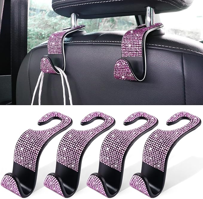 LivTee Car Seat Headrest Hook, Auto Seat Hook Hangers Storage Organizer Interior Accessories for Purse Coats Umbrellas Grocery Bags Handbag, 4-Pack(Bling Pink)