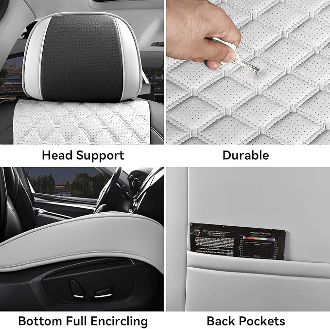 Car Seat Covers Front Seats, Luxury Leather Waterproof Non-Slip Seat Protector Universal Fit for Most Cars SUVs Trucks Pick-ups,White and Black Car Accessories Interior(Front White)