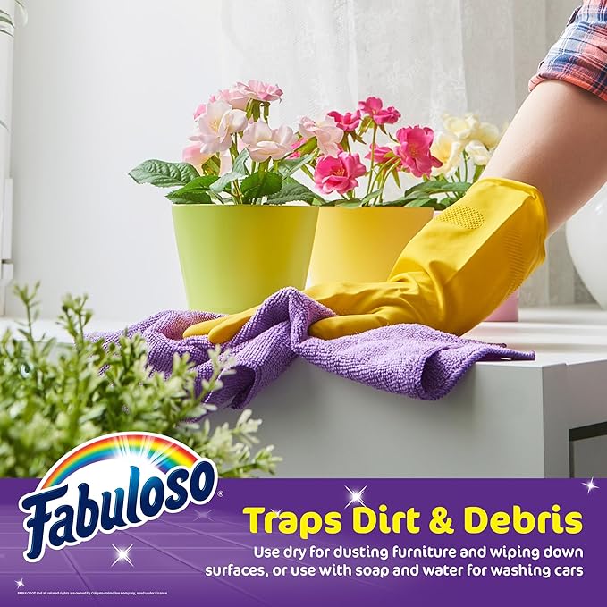 Fabuloso Microfiber Cleaning Cloths for Home & Car, Lint-Free Scratch-Free Rags for Glass, Kitchen & Wood, Reusable Machine Washable, Absorbent for Dusting & Wiping, Purple, 13 x 13 in, 12 Count
