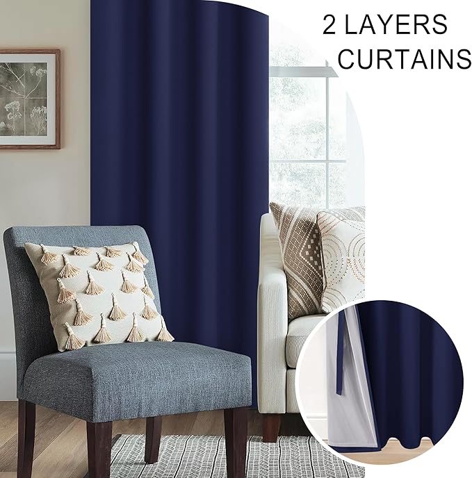 XWZO 100% Blackout Curtain Panels - Thermal Insulated Black Liner Curtains, Noise Reducing and Heat Blocking Drapes for Hall and Studio Windows with Tiebacks, Navy Blue, W52 x L95, Set of 2