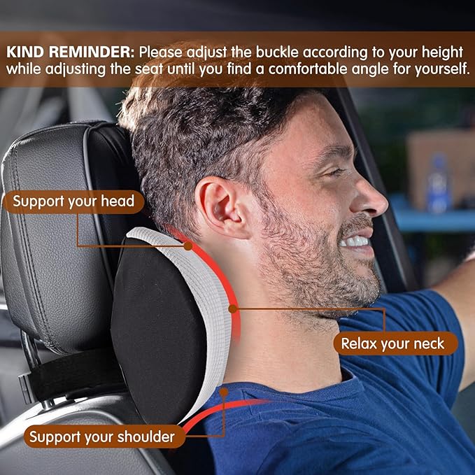 SPRFUFLY Cozy Car Headrest Pillow, Car Pillow for Driving with Adjustable Strap, Breathable Removable Cover & Ergonomic Design - Softness Travel Car Neck Pillow(Moonlight Silver, 1PC)