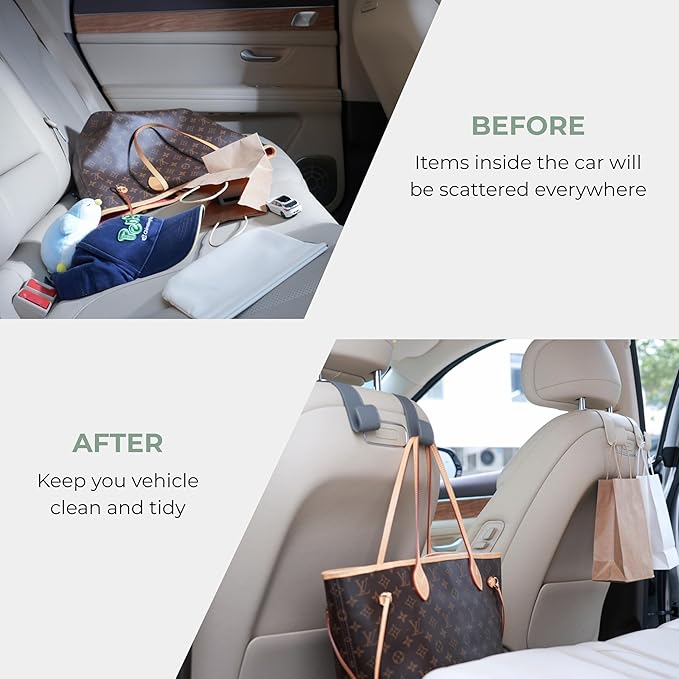 Purse Holder for Car, 2 Pack Upgraded Car Seat Hooks for Hanging Purse and Bag, Leather Headrest Hooks for Car Back Seat, Car Organization Accessories (Gray)