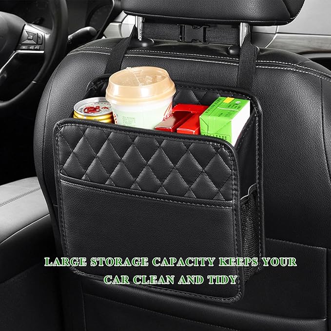 Car Seat Back Organizer, Waterproof Leather Hanging Backseat Organizer with Storage Pockets, Large Capacity Auto Trash Bag Collapsible Document Holder for Most Vehicles