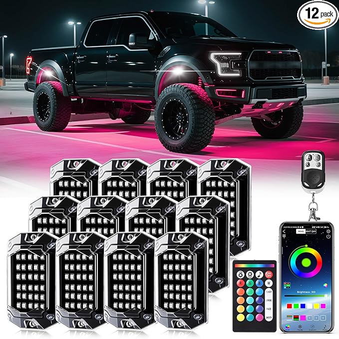 12 Pods RGB LED Rock Lights for Trucks ATV UTV Golf Cart RZR Offroad SUV Cars, Waterproof Multicolor Neon Underglow Kit with Bluetooth APP/RF Remote Control, Vehicle Accent Underbody Light 12V
