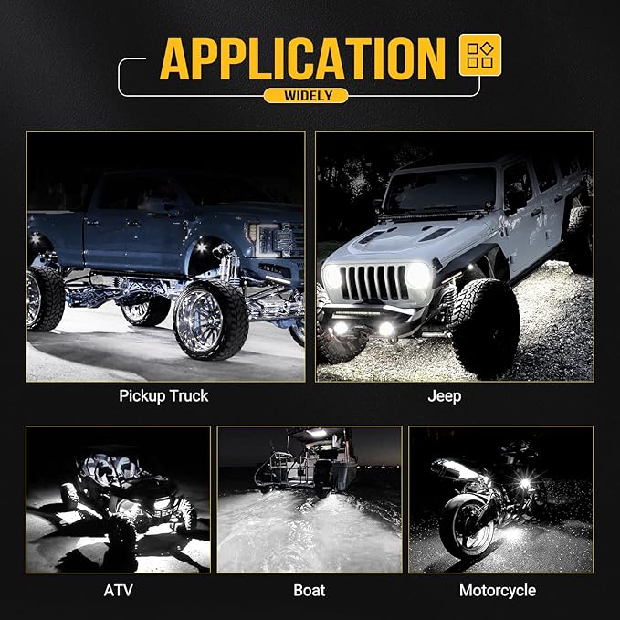 Hovano 8Pods Alloy White Rock Lights Kits with Extension Wires,6000K Pure White Color 42 LED Super Bright Chips IP68 Waterproof Underglow Kit for Pickup Off Road Trucks SUV ATV UTV Golf Car Boat