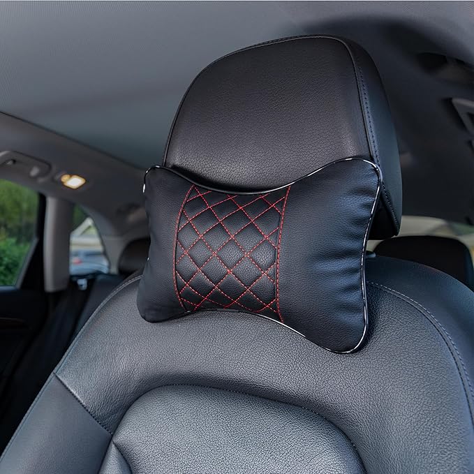 Set of 2 Quilted Faux Leather Car Headrest Pillow, Black Case/Red Threading, Ergonomic Neck Support for Comfortable Driving (Black Base/Red Thread)