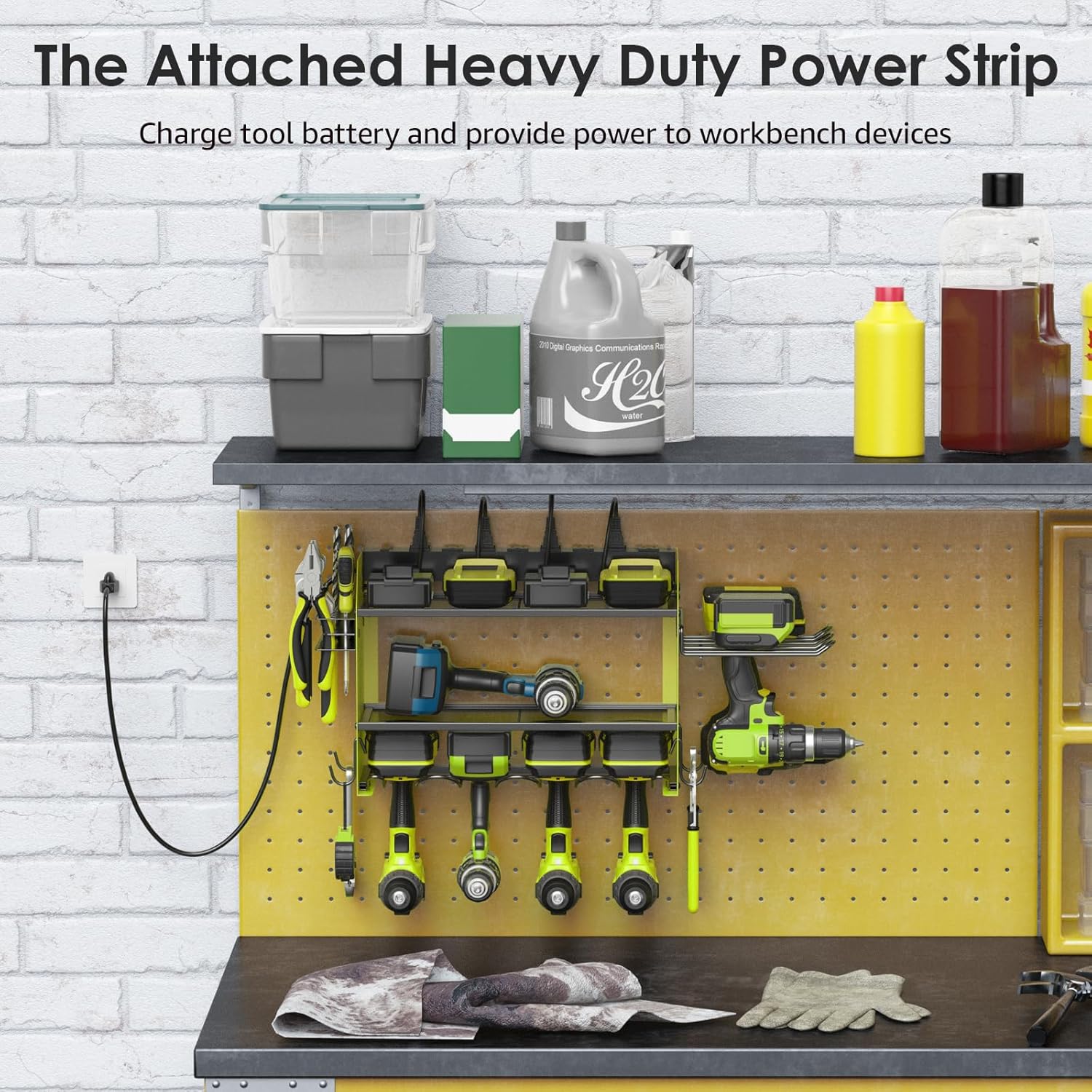 CCCEI Modular Power Tool Organizer Wall Mount Charging Station, Green 6 Drills Holder with 8 Plug Power Strip 6FT, Garage Drill Battery Heavy Duty Metal Shelf, Utility Rack with Hooks, Side Storage.