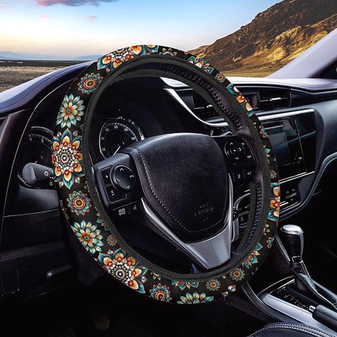 AFPANQZ Bohemia Flower Steering Wheel Covers 14-15" inch Universal Fit Most Car Sedans SUVs Comfort Grip Comfortable Handmade Breathable Steering Wheel Protector