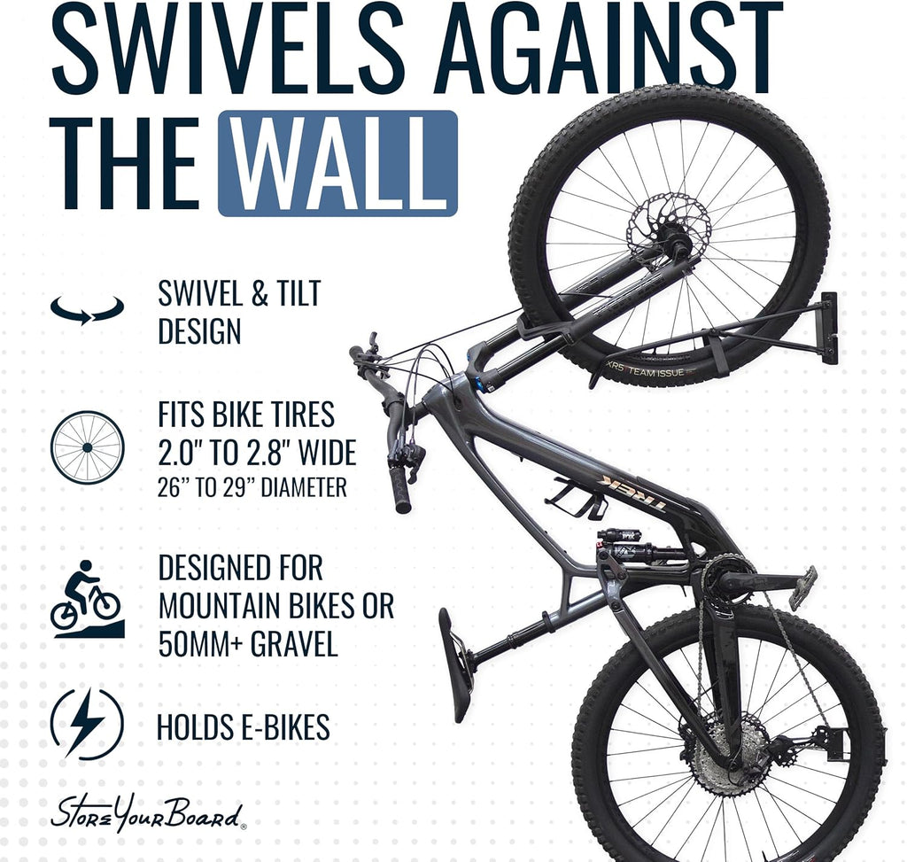 StoreYourBoard SwivelStow Mountain Bike Storage Rack 4 Pack – Heavy Duty Bike Hanger, No-Lift Bike Wall Mount for Garage Bike Storage, MTB and E-Bike, Holds 70 lbs, Patent-Pending