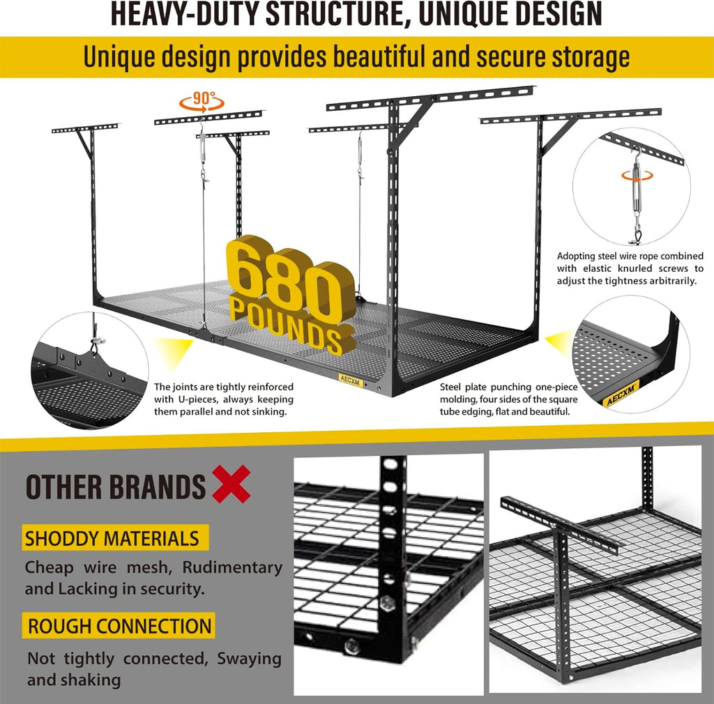 3x6ft Overhead Garage Storage, Adjustable Ceiling Mounted Storage Racks, 36" Length x72 Width x 35" Height, 20''-40" Ceiling Dropdown, 680LBS Weight Capacity (Black)