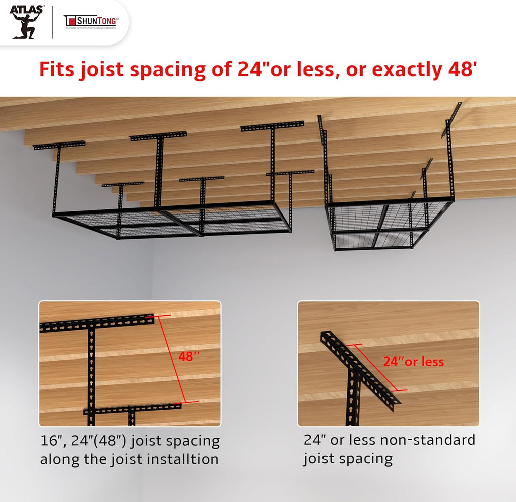 The Atlas 4 x 8 ft Adjustable Height Overhead Garage Storage Rack 900 lbs Heavy Duty Capacity Hammertone Finish