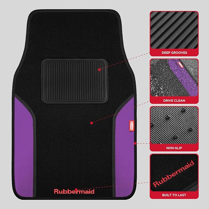 Rubbermaid Car Mats, Carpeted Floor Car Mat with Faux Leather & Built-in Heel Pad, Two-Tone Car Rug Floor Mats, Stylish Carpeted Floor Mats for Cars, Trucks & SUVs Purple Color
