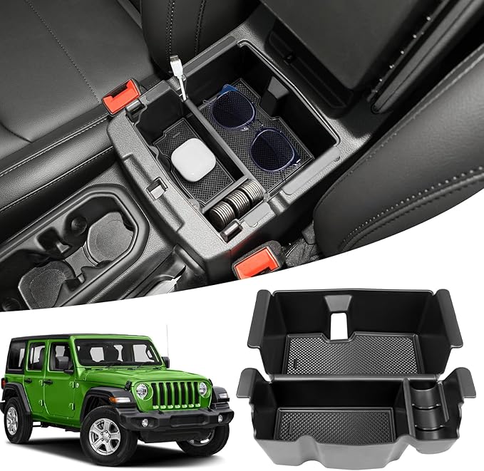 Center Console Organizer Compatible with 2018-2026 Jeep Wangler JL JLU 4xe Rubicon Sahara & 2020-2026 Gladiator JT Accessories, Armrest Storage Box Tray Fit for Jeep Interior Accessories