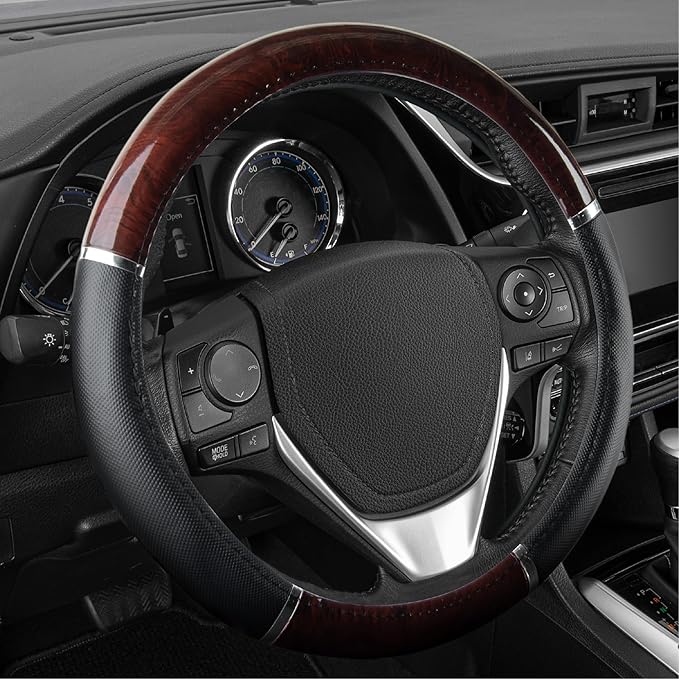 BDK Black Two-Tone 14.5-15 inch Woodgrain Pattern Dark Wood Steering Wheel Cover, 1 Pack