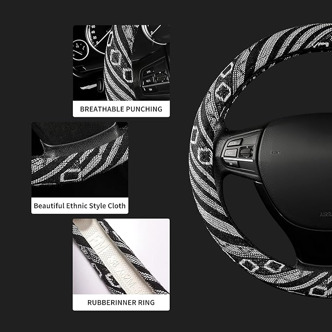 GXT 15 inch New Baja Blanket Car Steering Wheel Cover Universal Fit Most Cars Automotive Ethnic Style Coarse Flax Cloth (Black White)
