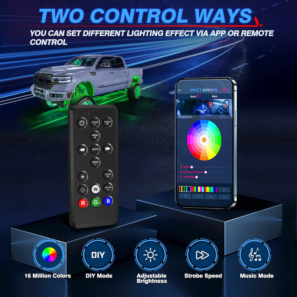 MICTUNING Q1 RGBW Rock Lights, 8 Pods Pure Color Underglow Neon Multicolor Lighting with Wiring Switch Kit, Bluetooth Controller, Remote Control, Music Mode for Trucks Car ATV UTV Golf Cart