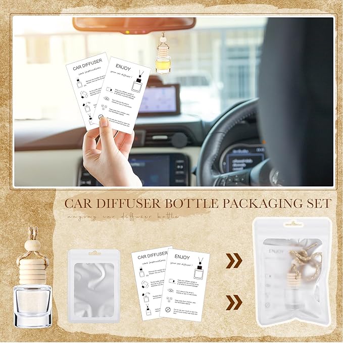 Boao 200 Sets Hanging Car Air Freshener Diffuser Bottles with Instruction Card and 4 x 6'' Resealable Holographic Bag for Empty Car Essential Oil Perfume Bottles Packaging (Cylinder)