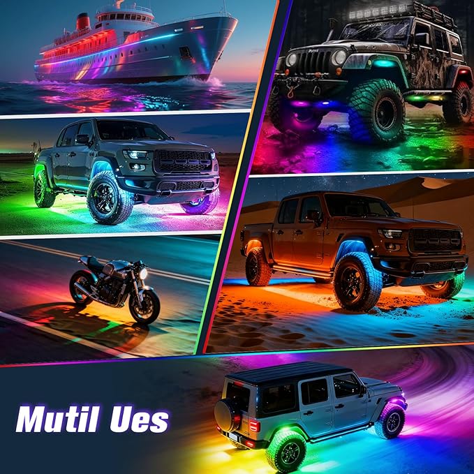 RGB Rock Lights for Trucks, 8 Pods 5-Sided LED Underglow Lights with App/RF Remote Control, 160° Wide Angle Music Sync Neon Exterior Light Kit, IP67 Waterproof, No-Drill for Jeep SUV ATV UTV Boat