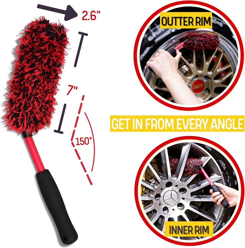 Metal Free Microfiber Wheel Brush Kit- Microfiber Angled Wheel Brush, Long Handle Wheel Brush, Tire& Detailing Brush, Wheel Wash Mitt. Hands-On Wheel Detailing Kit for Daily Wheel Cleaning