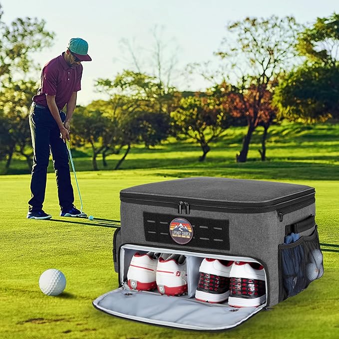 GOBUROS Golf Trunk Organizer Storage with Separate Compartment for 2 Pair Shoes Up to US Mens 16, Golf Car Locker Organizer for Balls, Tees, Clothes, Gloves, Accessories, Grey