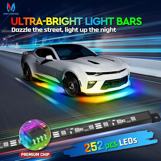 MICTUNING N8 Car Underglow Light Bar Kit, Chasing Color RGB+IC LED, Aluminum Exterior Underbody Multicolor Soundsync Neon Light Strip, Wireless App & Remote Control, IP68 Waterproof, 8PCS