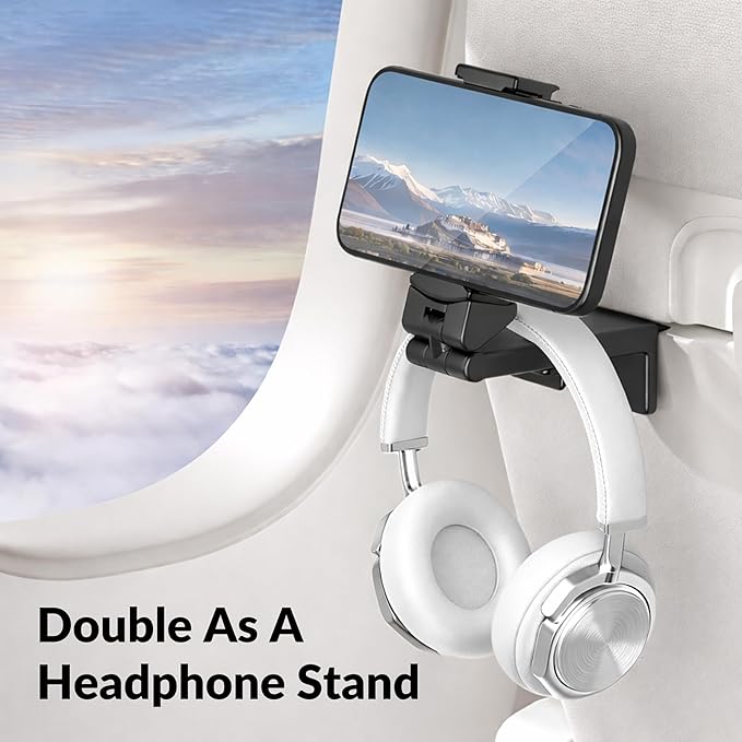 Perilogics Airplane Phone Holder Mount Universal in Flight Hands Free Viewing with Multi-Directional Dual 360 Degree Rotation (Black/Black)