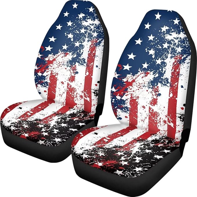 ELEQIN America Flag 2 Pack Front Car Seat Covers Universal Seat Protector Car Interior Decor Mat Covers for Auto SUV Van Truck Car Interior Decor