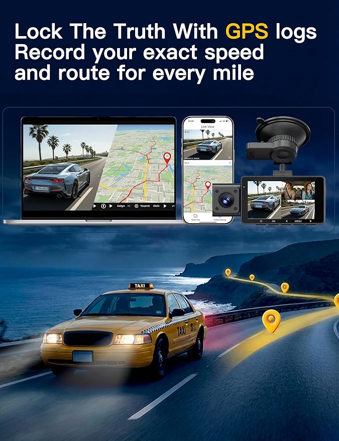 QCONTROL® Rideshare/Taxi True 4K 3-Channel Dash Cam Front and Rear Inside, 4K Front + 1080P IR Inside + 1080P Rear, 6G WiFi App, GPS Speed/Route Timestamp Overlay, 64GB Included