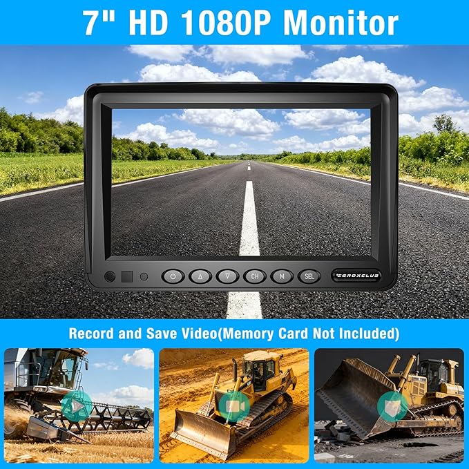 ZEROXCLUB 7" 1080P Wired Rear View Backup Camera System, Dual Split Screen IP69K Waterproof Reverse Camera, Vibration-Proof 10G for Tractor, Truck, Trailer, Combine, Heavy Equipment, BH701
