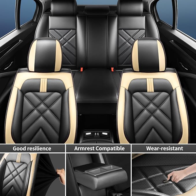 CX-50 Car Seat Covers Fit for Mazda CX-50 2023-2026, Full Coverage Premium Leather Waterproof Breathable Seat Covers, Automotive Seat Protectors, Airbag Compatible(Full Set Seats, Black Beige)