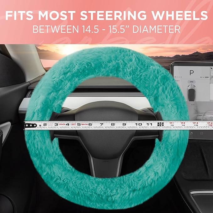 Carbella Aspen Mint Fuzzy Steering Wheel Cover for Women – Cute and Stylish Fluffy Fur Steering Wheel Cover for Cars Trucks Vans SUVs, Universal Fit for Wheel Sizes 14.5 to 15.5 inches